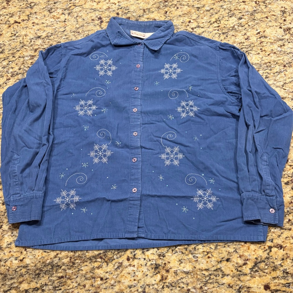 Decorated Originals Blue Corduroy Snowflake Embroidered Button Down Shirt XL